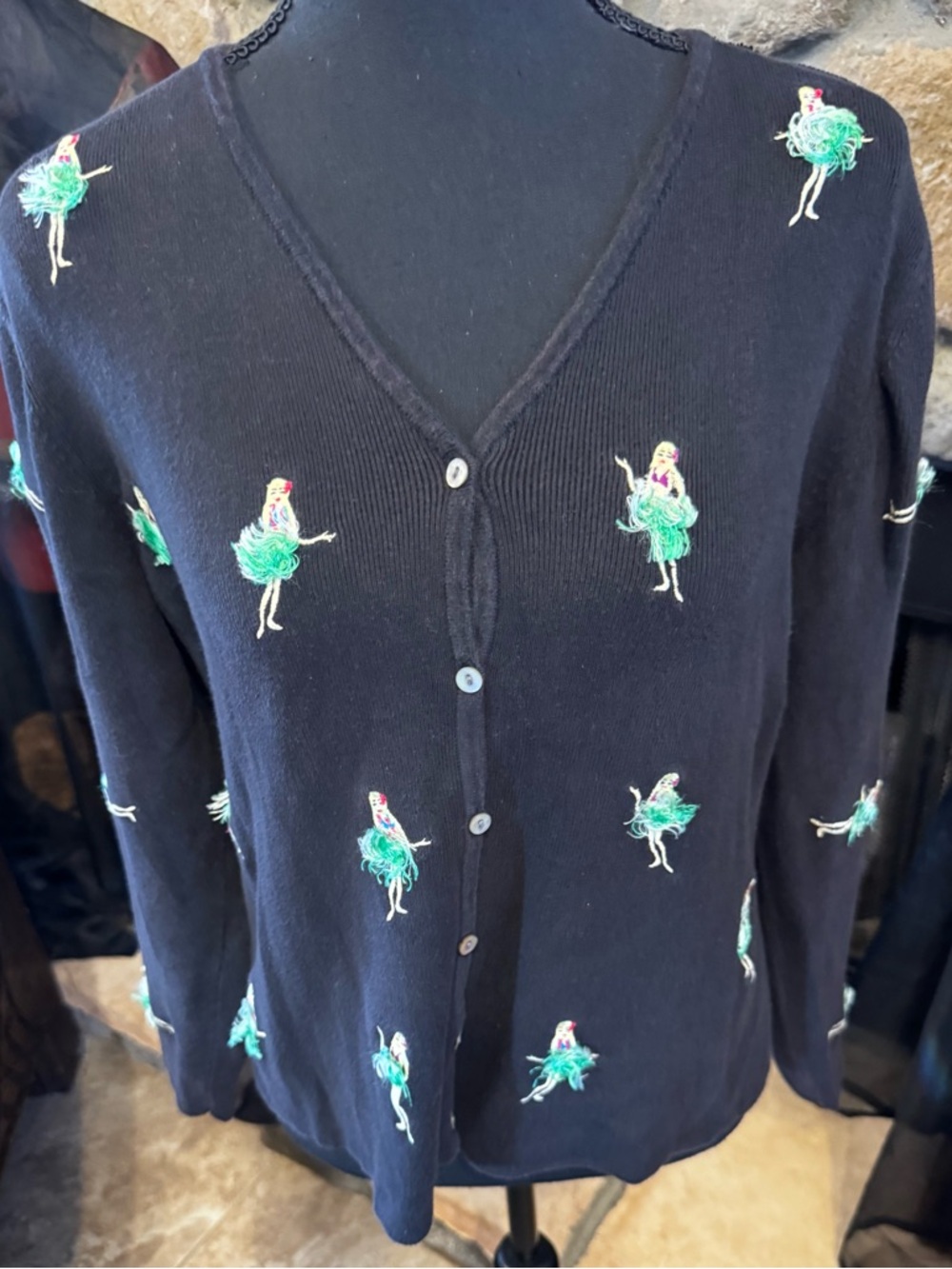 Classic Black Cardigan with Teal Hula Girl Embroidery
